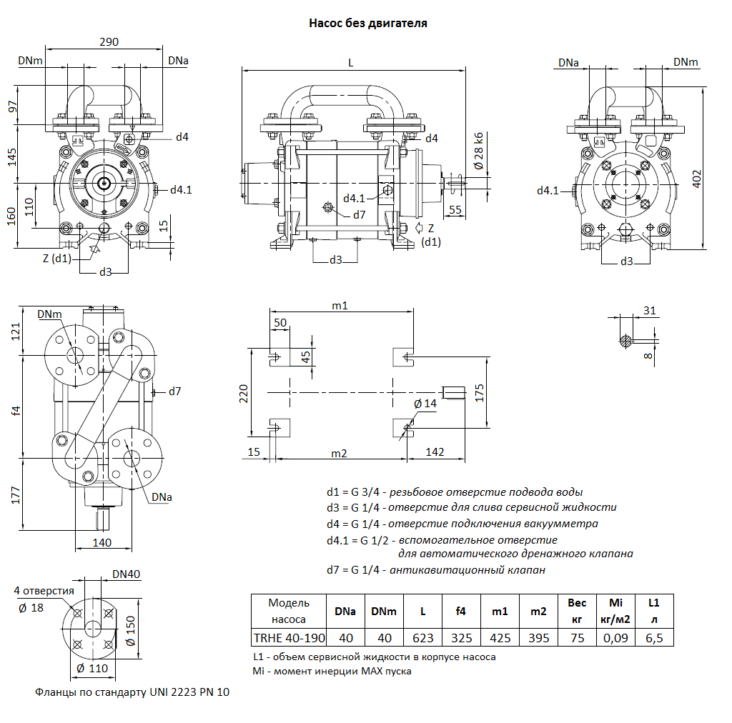 Габаритный чертеж вакуумного насоса Pompetravaini TRHE 40-190 F