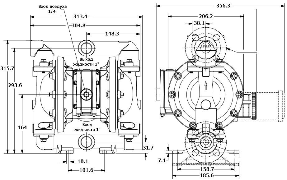 Габаритный чертеж модели Vetlan Pneumatic ADP-PD10A-BSS-STT