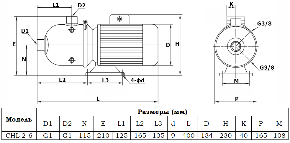 Габаритный чертеж модели Zenova CHL 2-6 v.380