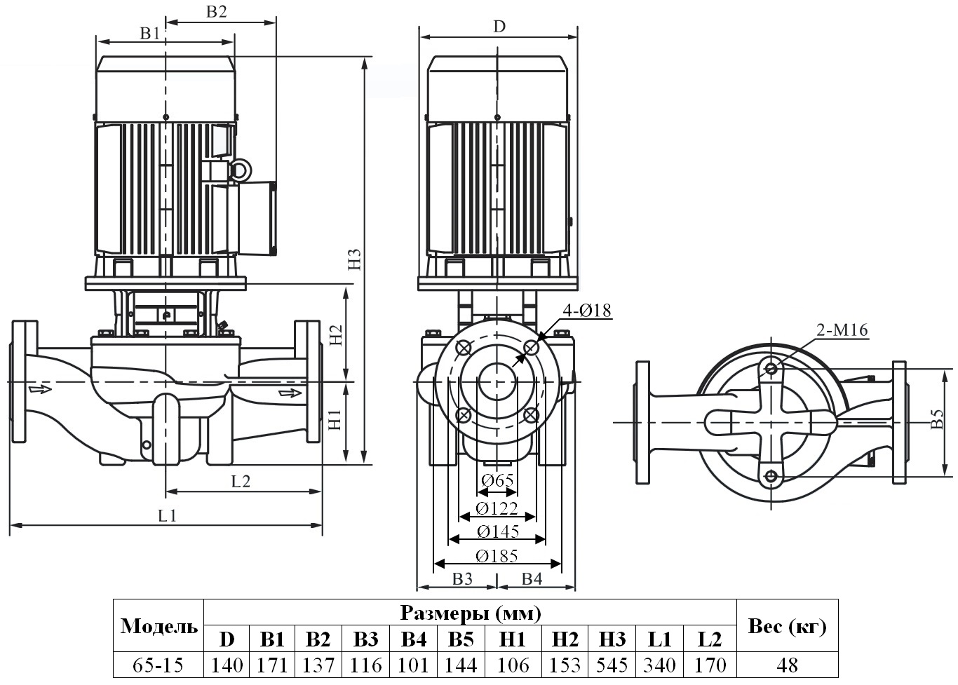 Габаритный чертеж модели Zenova INL 65-15/2