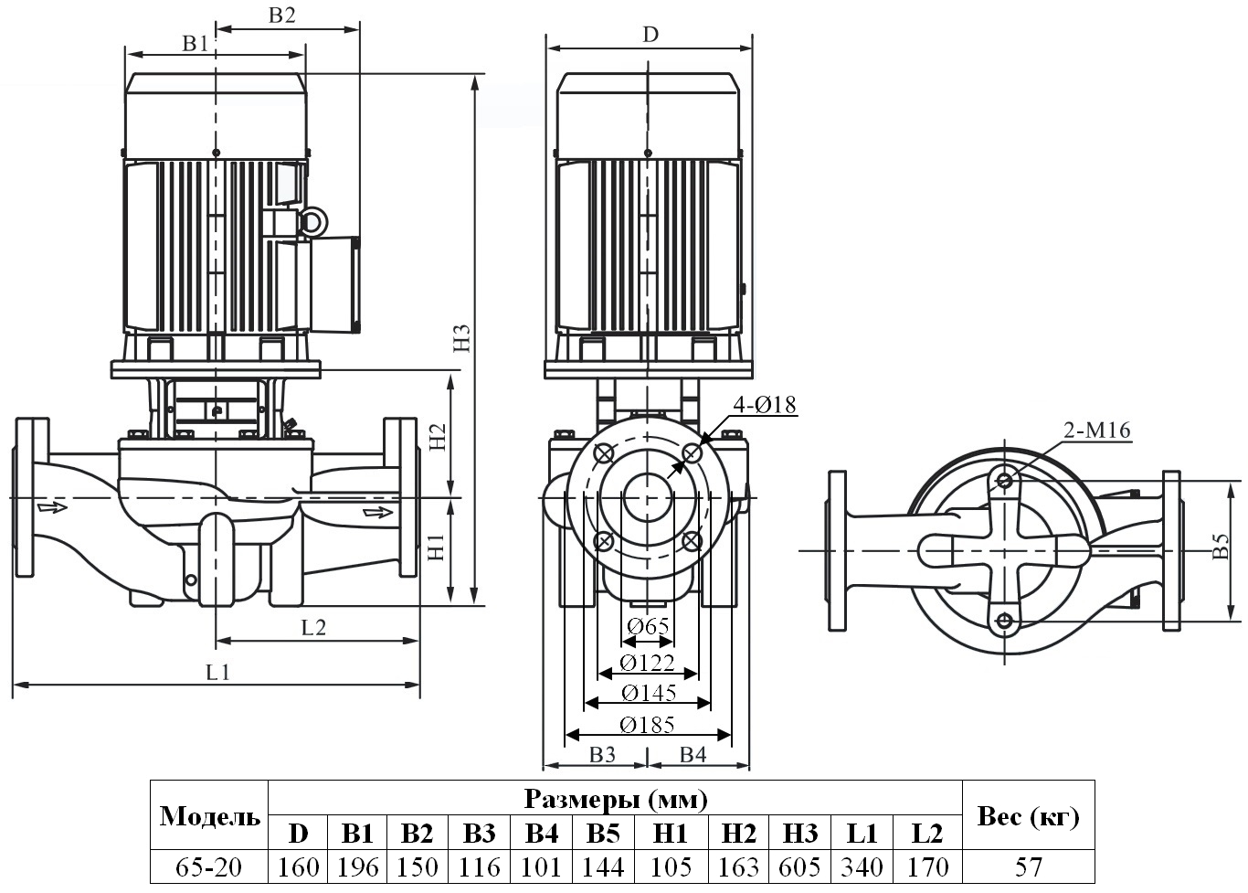 Габаритный чертеж модели Zenova INL 65-20/2