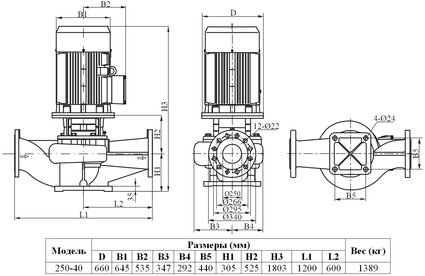 Габаритный чертеж модели Zenova INL 250-40/4
