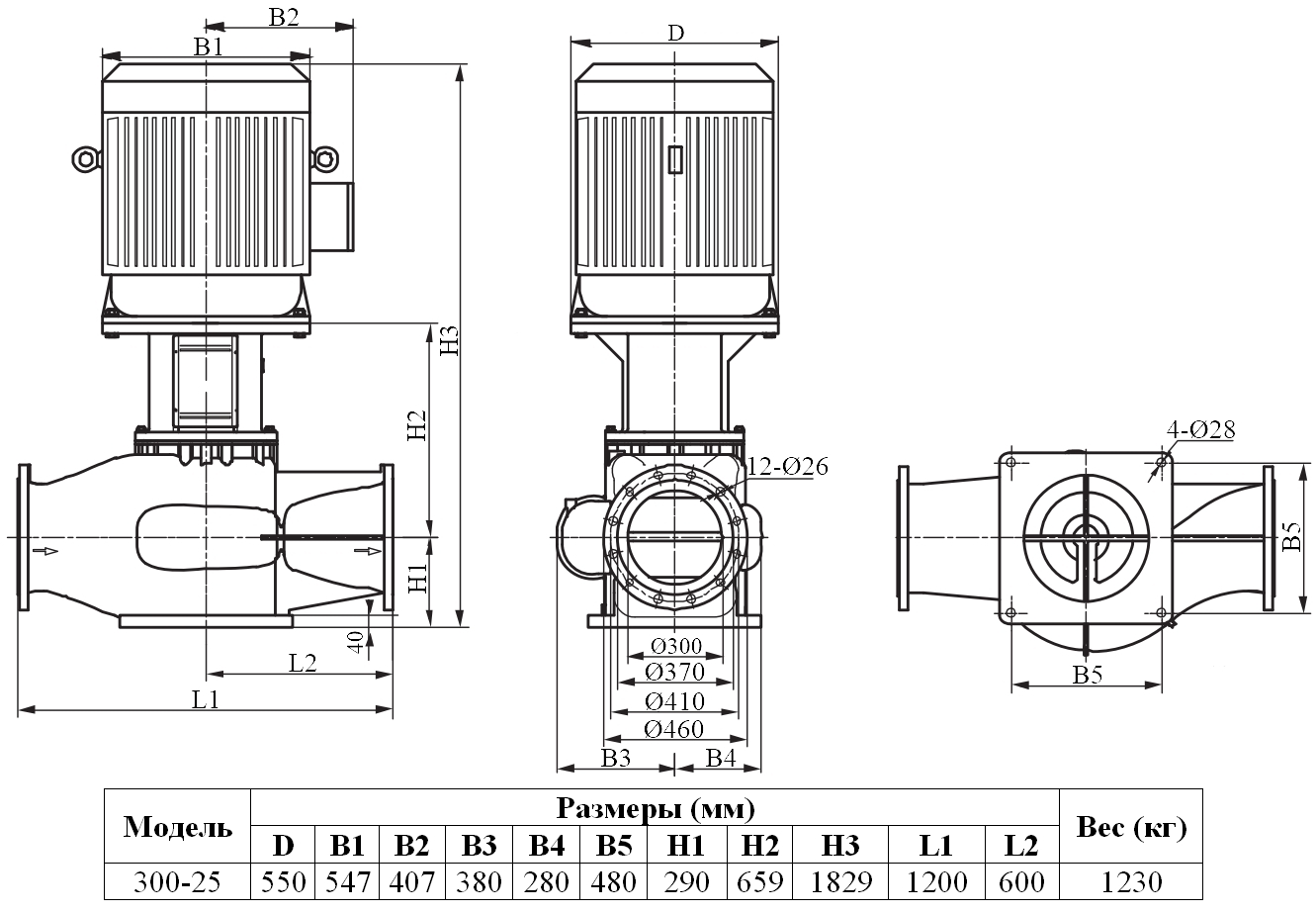 Габаритный чертеж модели Zenova INL 300-25/4