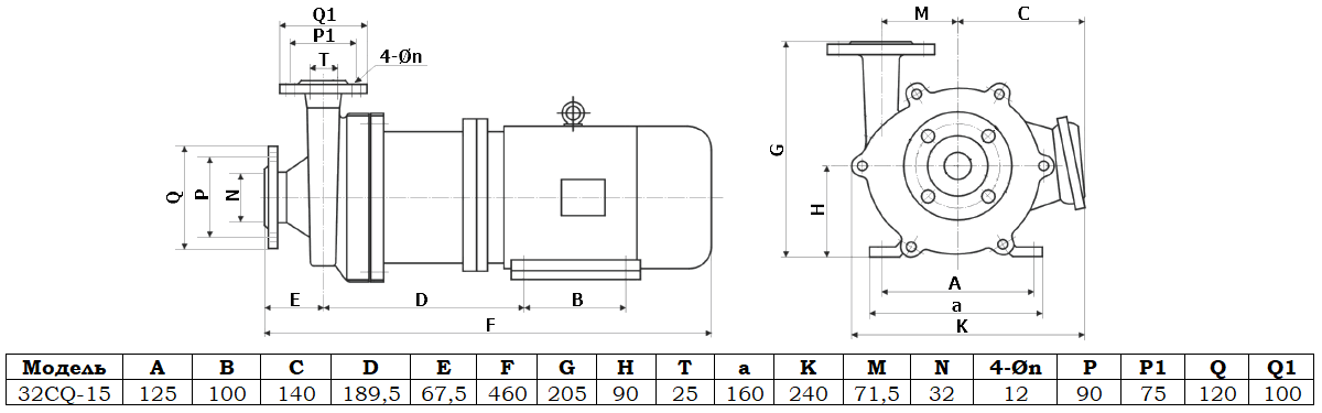 Габаритный чертеж насоса Vetlan 32CQ-15/2-304/C
