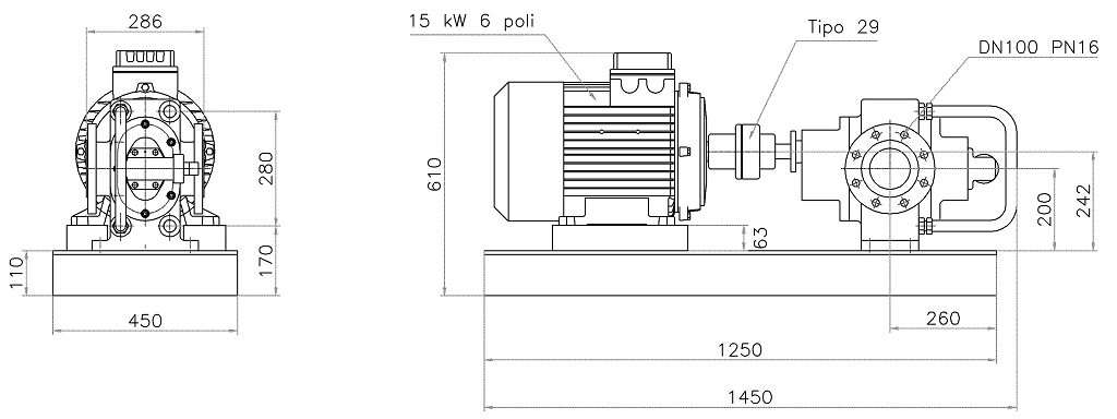 Габаритные размеры насоса Fraccarolo FAM/45 (агрегат в сборе)