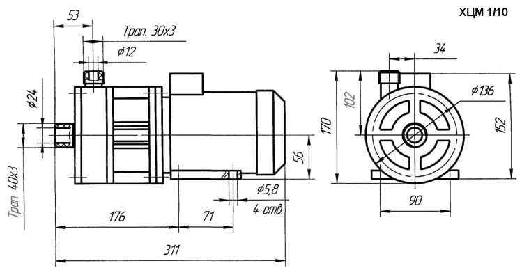 Габаритный чертеж насоса Кристалл ХЦМ 1/10
