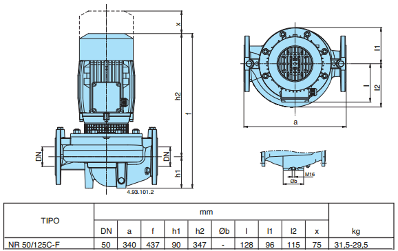 Габаритный чертеж насоса Calpeda NR 50/125C/A