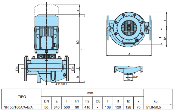 Габаритный чертеж насоса Calpeda NR 50/160A/A