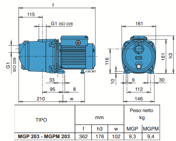 Габаритный чертеж насоса Calpeda MGPM 203