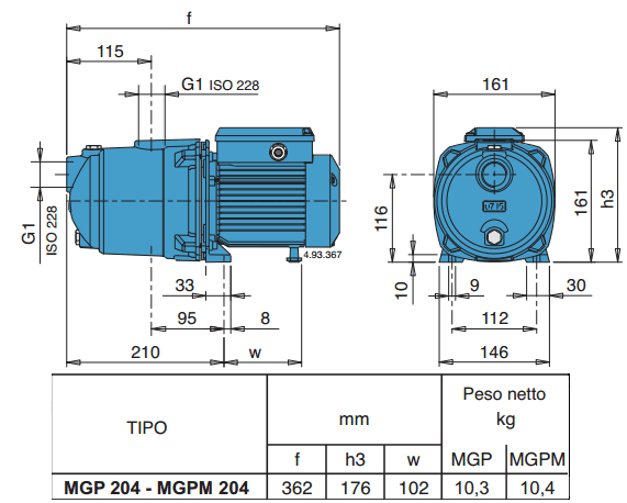 Габаритный чертеж насоса Calpeda MGPM 204