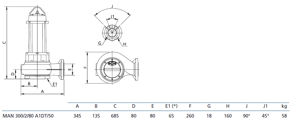 Габаритный чертеж насоса Zenit 300/2/80 A1DT5