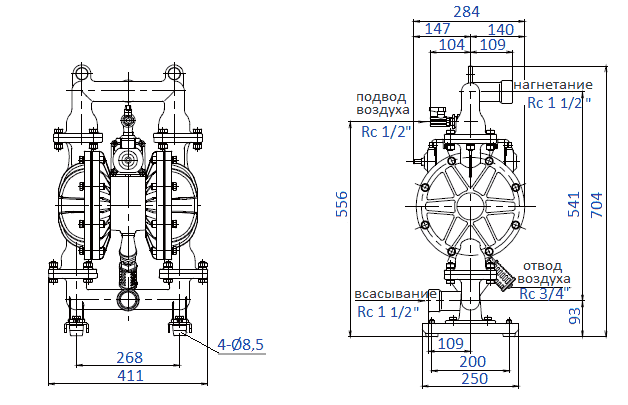 Габаритный чертеж насоса Yamada NDP-40BFC