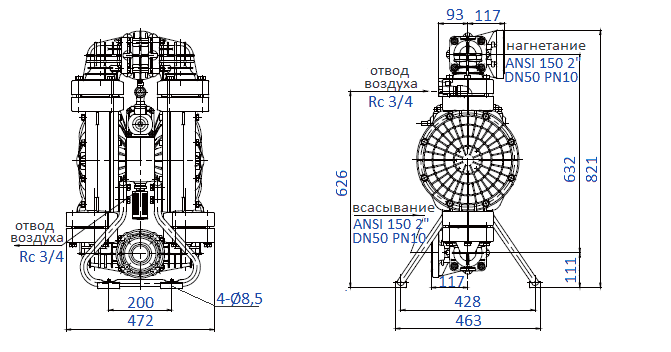Габаритный чертеж насоса Yamada NDP-50BPT