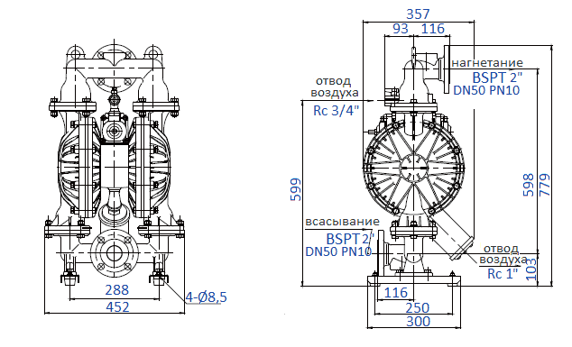 Габаритный чертеж насоса Yamada NDP-50BAH-RC