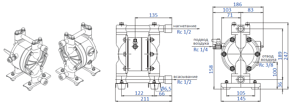 Габаритный чертеж насоса Yamada NDP-15BST
