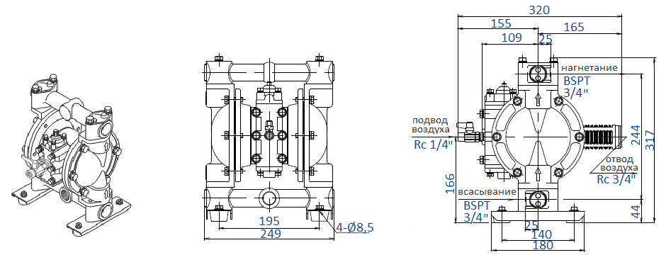 Габаритный чертеж насоса Yamada NDP-20BAH
