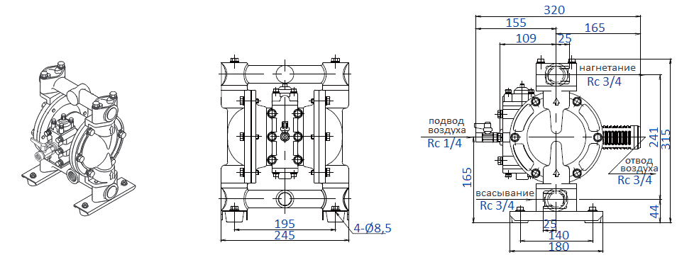 Габаритный чертеж насоса Yamada NDP-20BST-PP