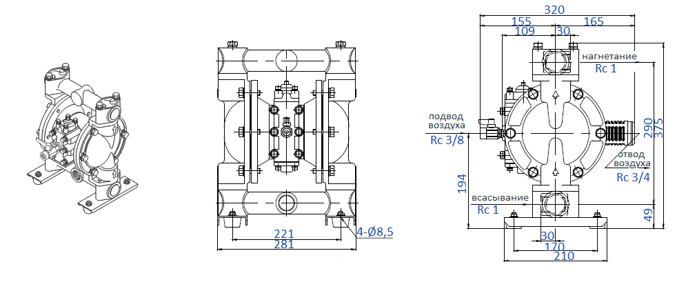 Габаритный чертеж насоса Yamada NDP-25BSS