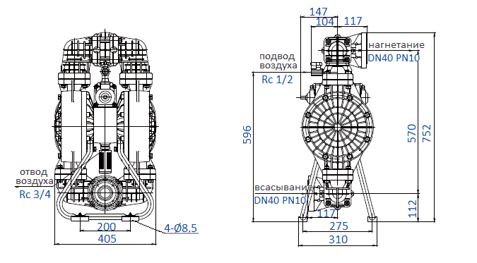 Габаритный чертеж насоса Yamada NDP-40BPT