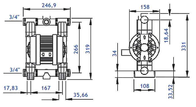Размеры насоса Ruby 020V-P-ZTT