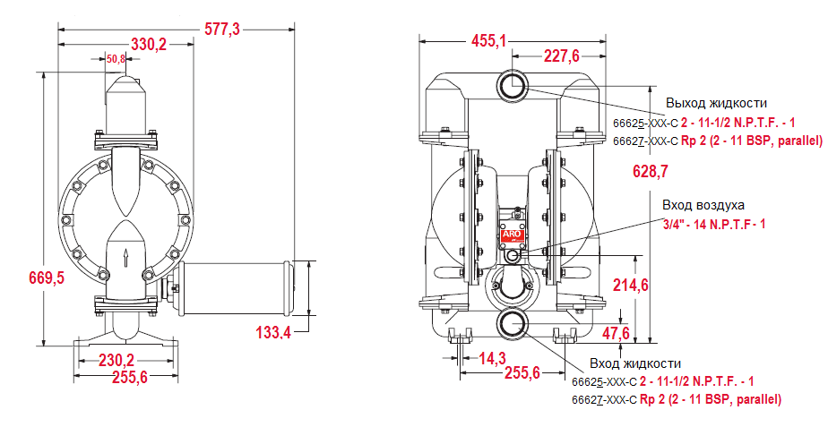 Габаритный чертеж насоса ARO Pro 666250-EEB-C