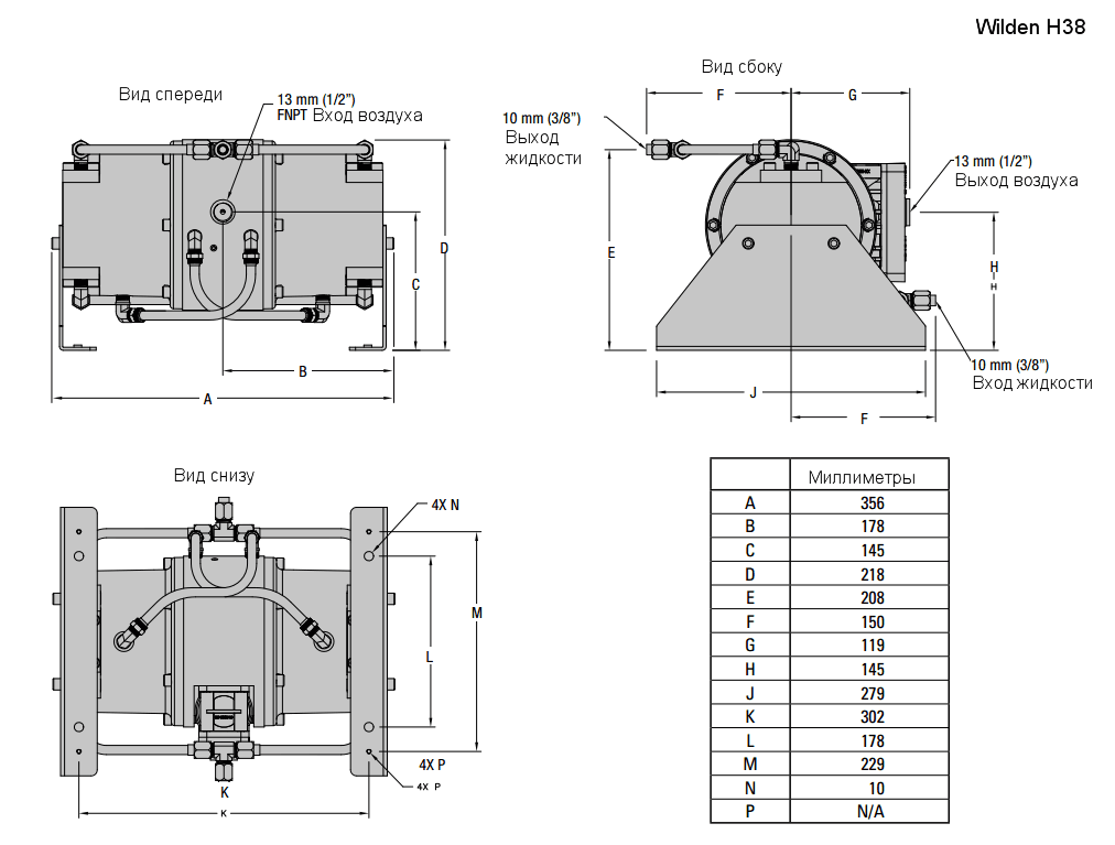 Габаритный чертеж насоса Wilden H38/3200D/AAP/PU/SS/SBN