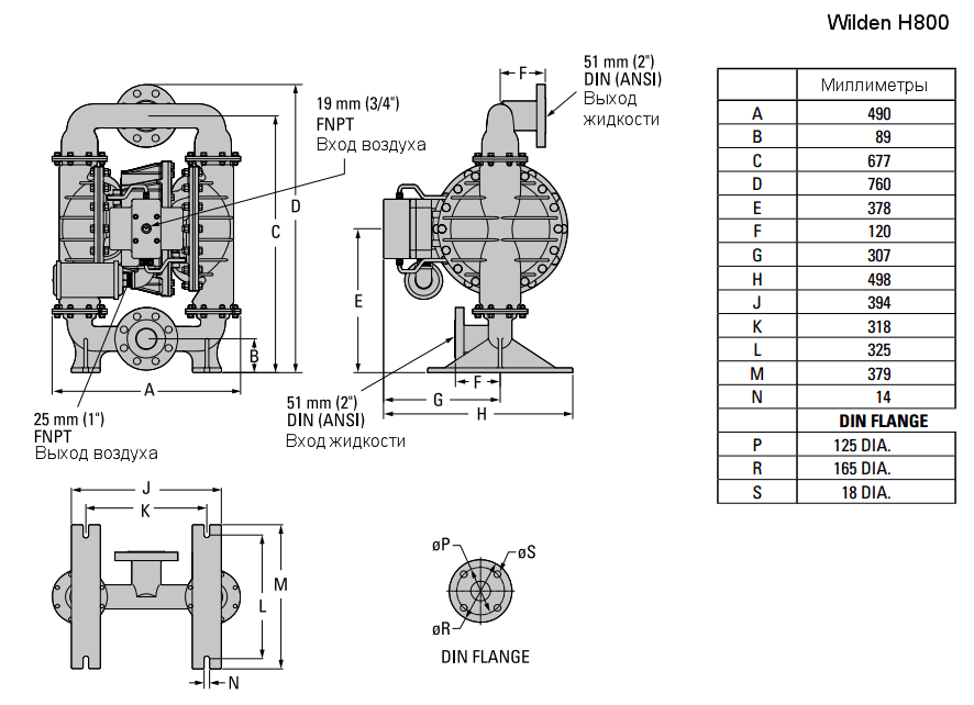 Габаритный чертеж насоса Wilden H800/WWWAA/WFS/TF/MWF