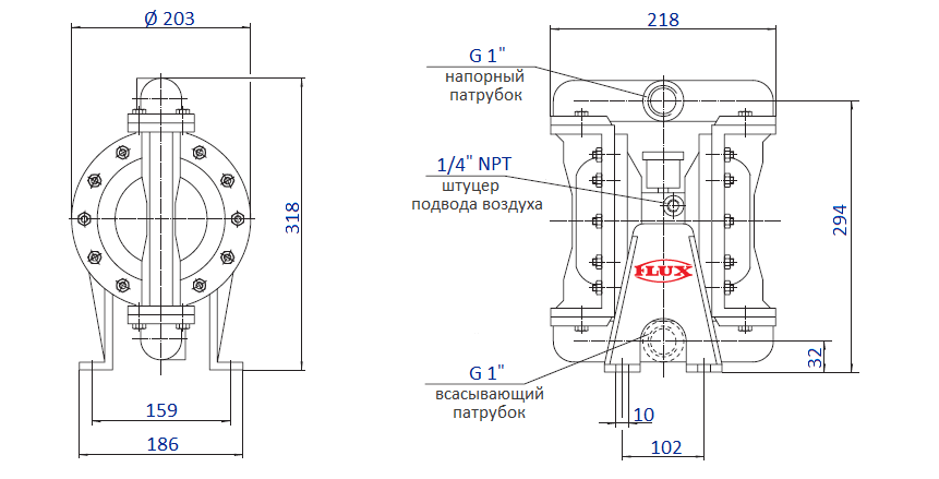 Габаритный чертеж насоса Flux FDM 25, корпус из AL, S