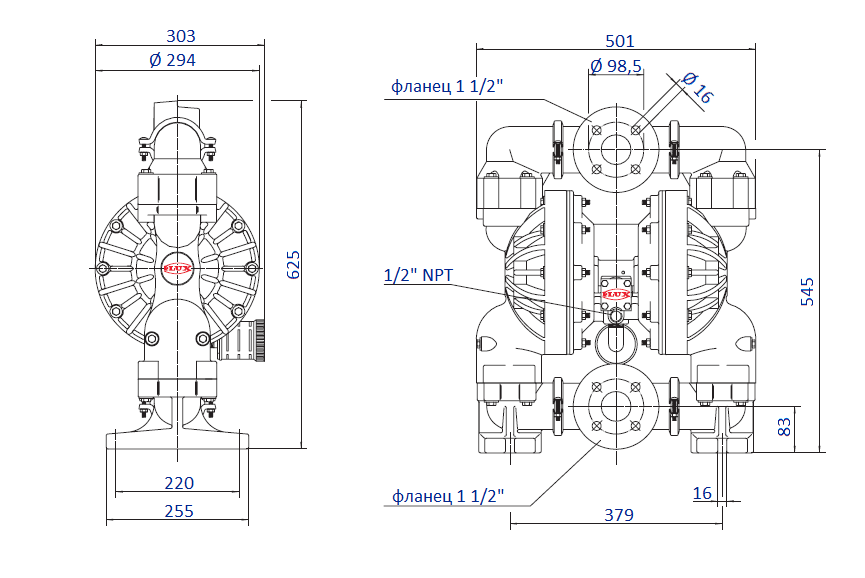 Габаритный чертеж насоса Flux FDM 40, корпус из PP, PVDF