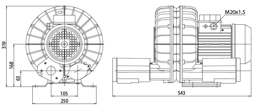 Габаритный чертеж воздуходувки Esam TECNOJET 2V LHT