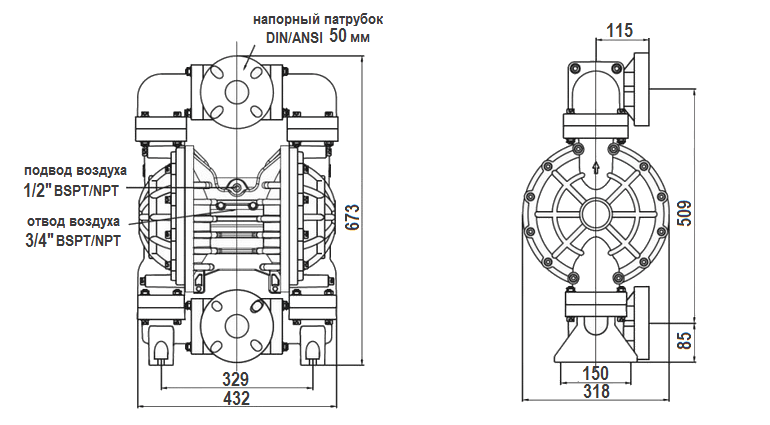 Габаритный чертеж насоса MK50PP-PP/ST/ST/PP