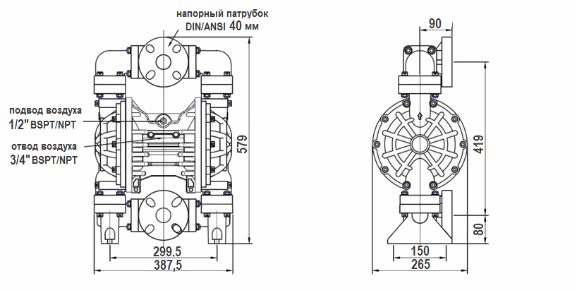 Габаритный чертеж насоса MK40PP-PP/ST/ST/PP