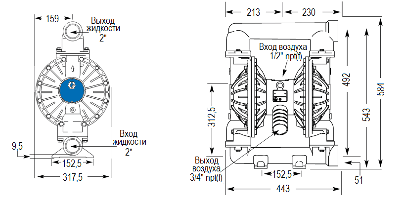 Габаритный чертеж насоса Graco HUSKY 2150-AL-SS-PTFE-PTFE