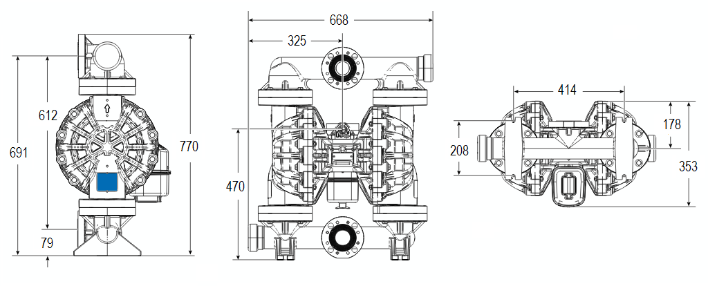 Габаритный чертеж насоса Graco HUSKY 2200P-P01-A-P1-PP-PT-PT-PT