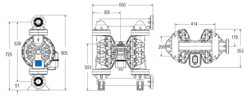 Габаритный чертеж насоса Graco HUSKY 2200P-P01-G-P2-PP-PT-PO-PT