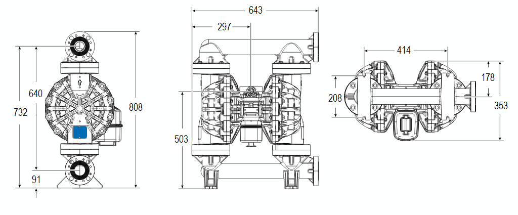 Габаритный чертеж насоса Graco HUSKY 2200F-P01-A-F2-PV-PT-PT-PT