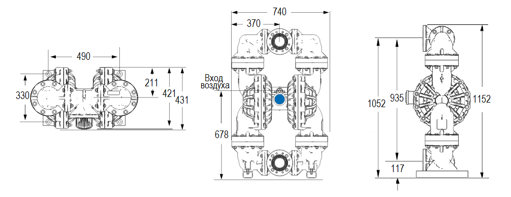 Габаритный чертеж насоса Graco HUSKY 3300P-P01-A-P1-PP-PT-PT-PT