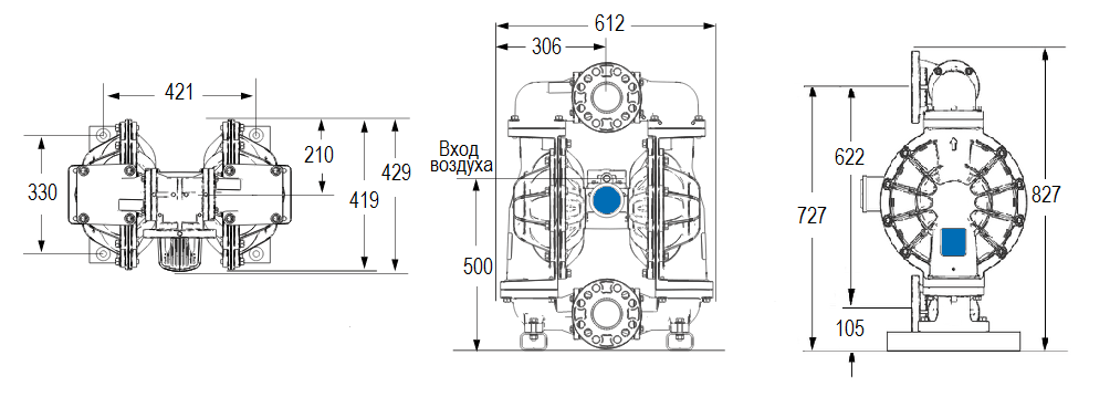 Габаритный чертеж насоса Graco HUSKY 3300A-A01-A-A2-SS-SP-SP-BN