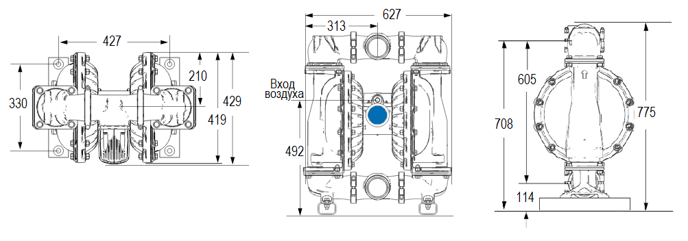 Габаритный чертеж насоса Graco HUSKY 3300S-A01-A-S2-SS-PT-PT-PT