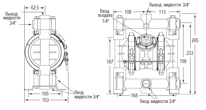 Габаритный чертеж насоса Graco HUSKY 716-AL-SS-SP-SP