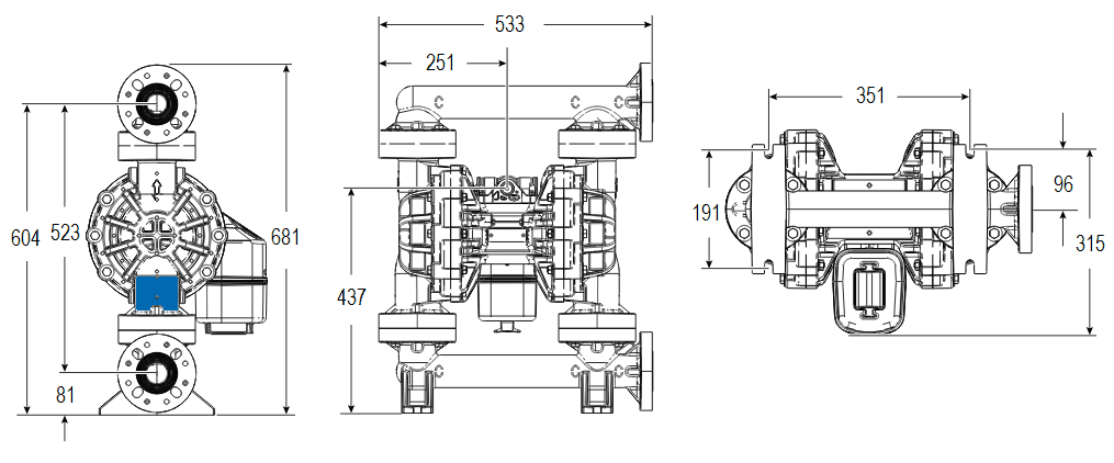 Габаритный чертеж насоса Graco HUSKY 15120F-P01-A-F2-PV-PT-PT-PT