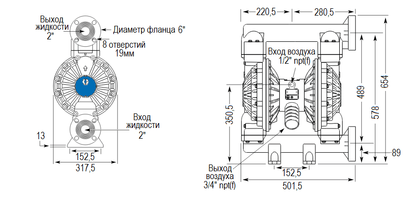 Габаритный чертеж насоса Graco HUSKY 2150-KY-KY-PTFE-PTFE