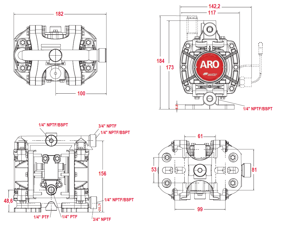 Габаритный чертеж насоса ARO PD01P-HPS-PAA-A