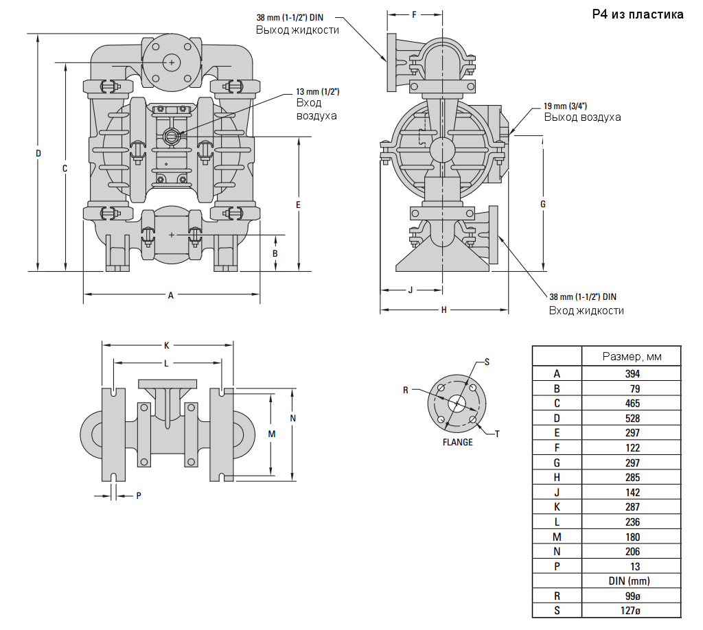 Габаритный чертеж насоса Wilden P4/PPAPP/TEU/TF/PTV