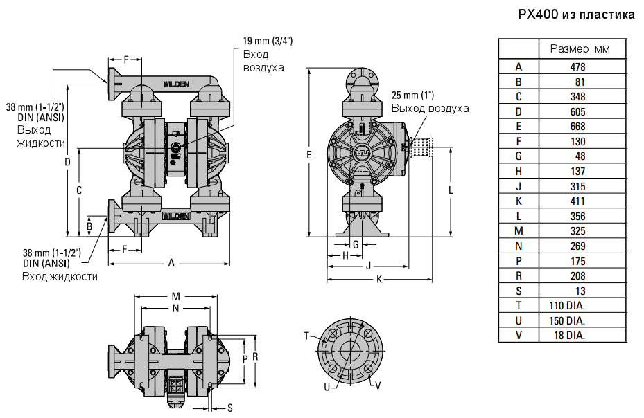Габаритный чертеж насоса Wilden PX400/KKPPP/TNU/TF/KTV