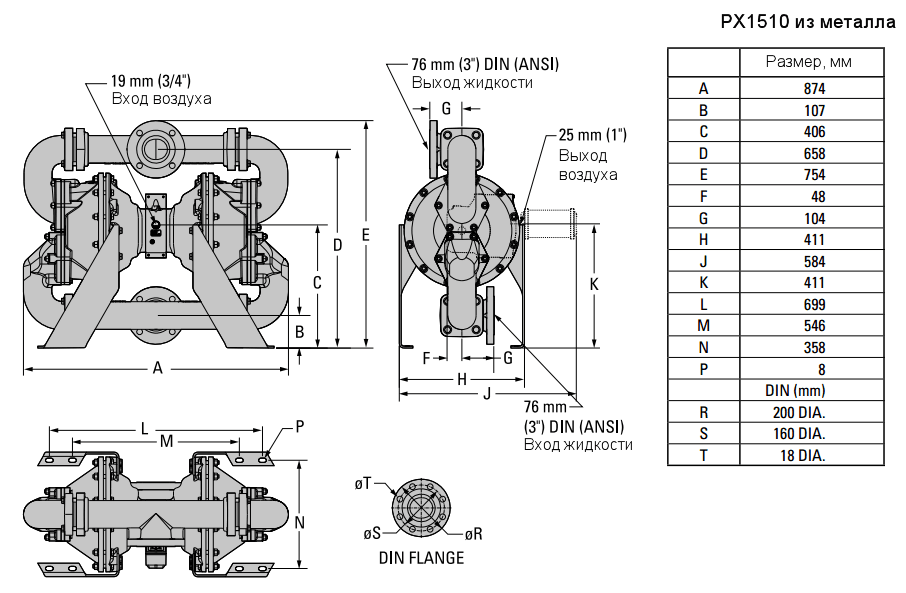 Габаритный чертеж насоса Wilden XPX1510/AAAAA/NES/NF/ANE/0504