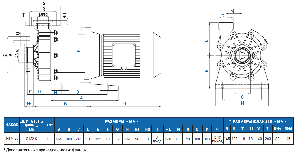 Габаритный чертеж насоса GemmeCotti HTM 50 PVDF-055-164