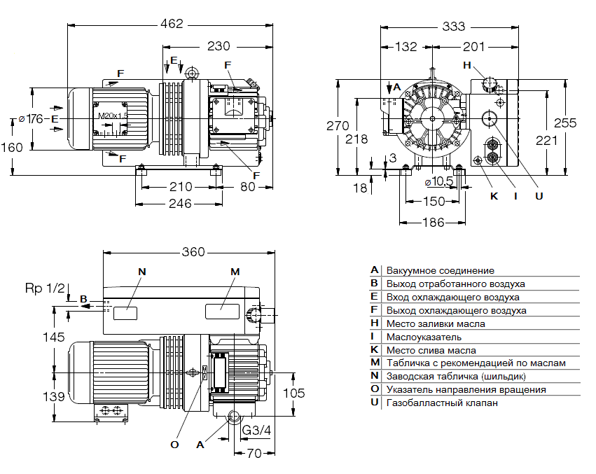 Габаритный чертеж насоса Elmo Rietschle VCA25-01AA