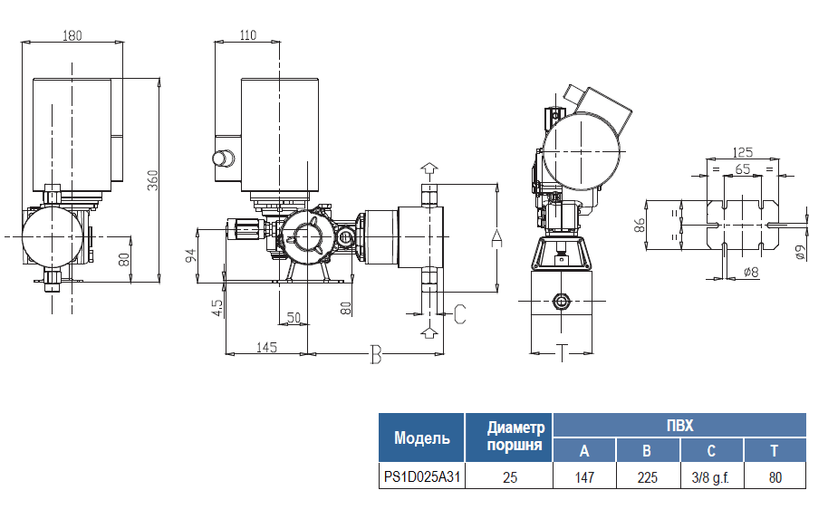 Габаритный чертеж насоса Seko Spring PS1D025A31