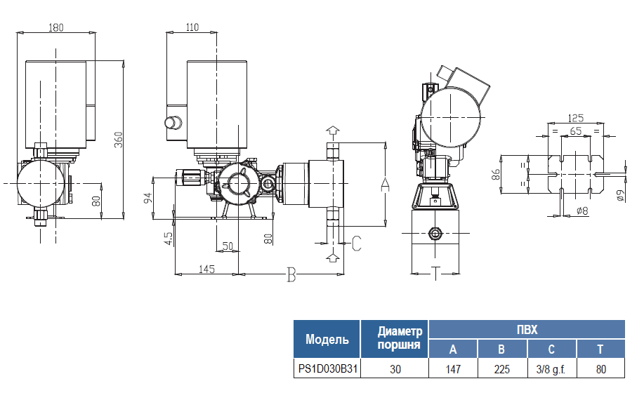Габаритный чертеж насоса Seko Spring PS1D030B31